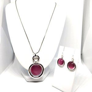 Kenneth Cole Necklace And Earring Set Silver Tone Pink Stones Circle Stamped KC
